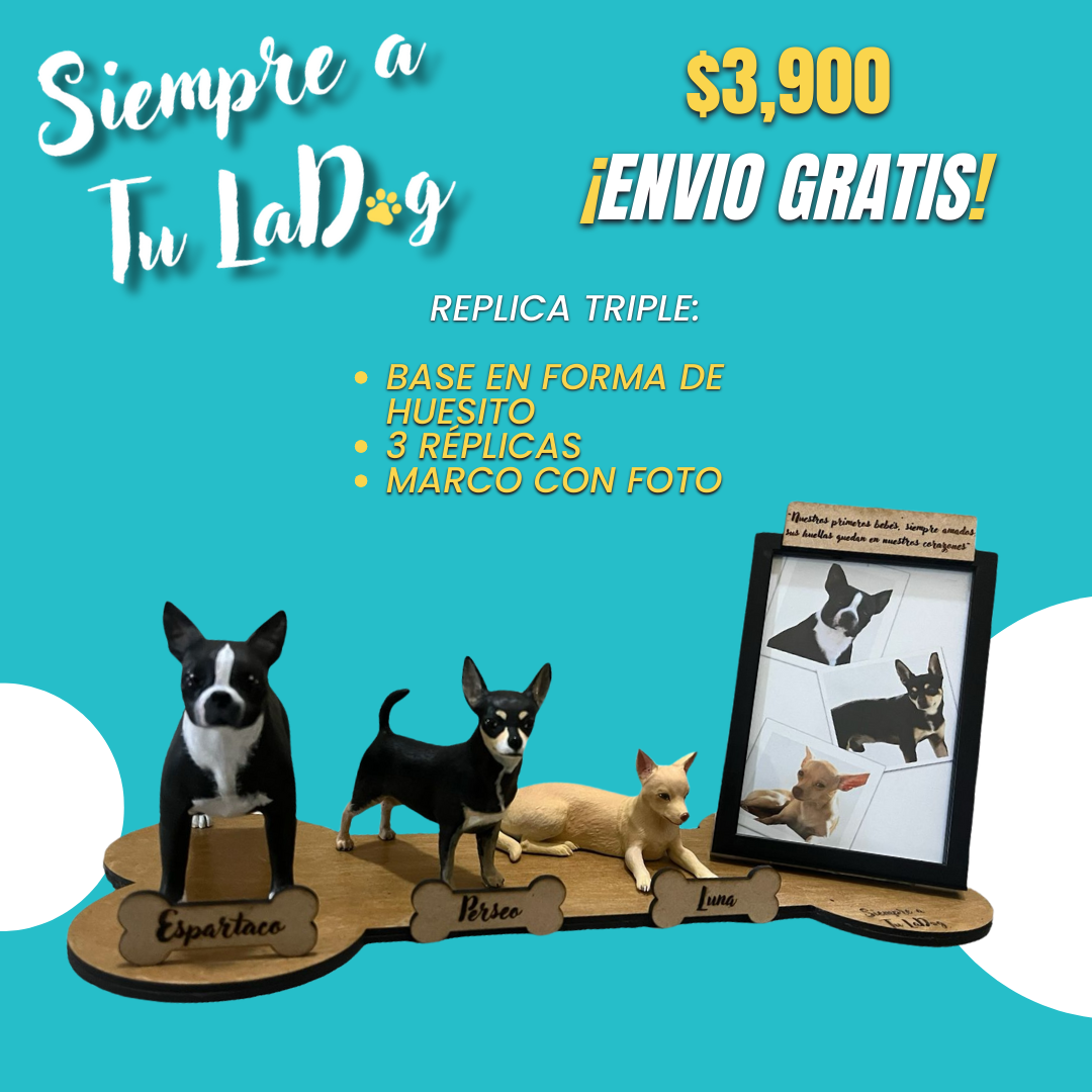 Replicá de 3 mascotas en base con forma de hueso y foto